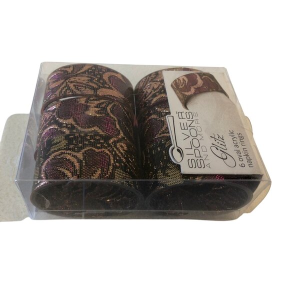 Silver Spoons Napkin Rings Set Of 6 Oval Acrylic Burgandy Gold Glitz Boxed - Picture 6 of 8